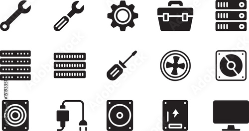 Solid Style Computer Hardware Icons Set Tools Screwdriver Wrench Gear Toolbox Fan Power Supply Monitor