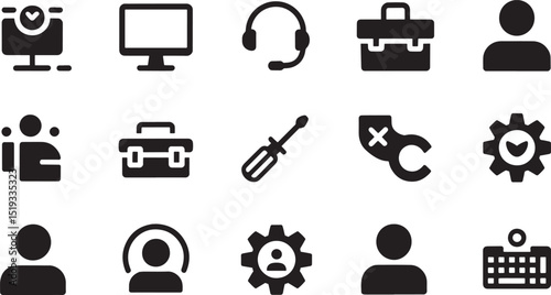 Solid Style Customer Support Icons Set Monitor Headset Toolbox Screwdriver Gear Person Keyboard User