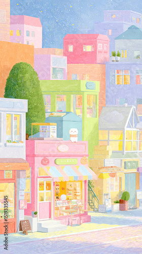 Dreamy healing light color style of town shops