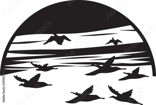 Birds and a man with a boat silhouette vector illustration at sea