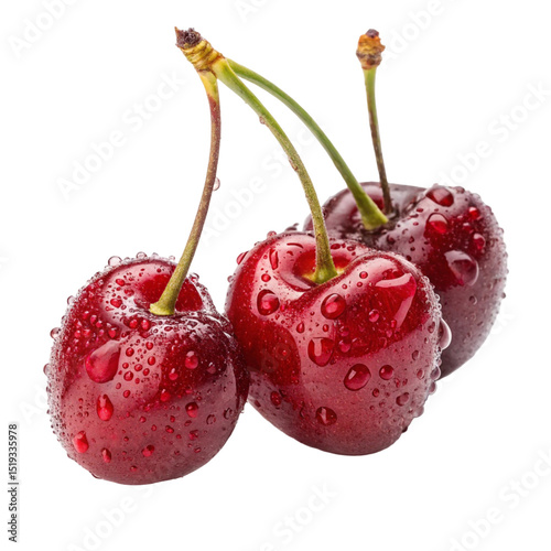 Two fresh, ripe red cherries with green stems on a white background, isolated and ready to eat