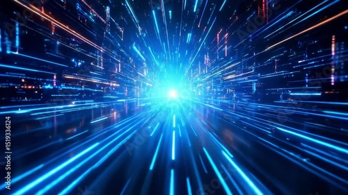 blue glowing digital speed tunnel with fast motion data particles
