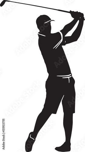 Stylized male golfer in modern silhouette pose after a full swing. Ideal for use in golf club branding, sportswear prints, and digital golfing content.