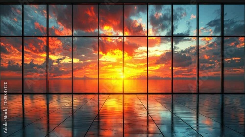 Dramatic sunset reflected on a modern floor with large windows