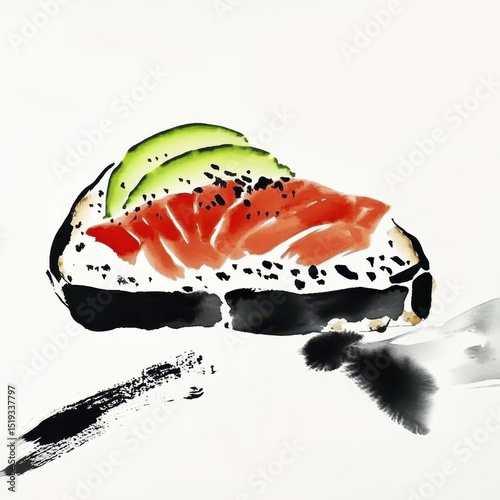 Sumi e style toast with salmon and avocado for culinary art and design