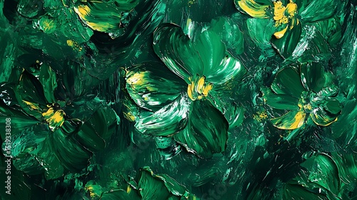 Deep emerald green smears with touches of bright yellow, forming abstract flowers with painterly strokes that evoke natural foliage and blooms.
