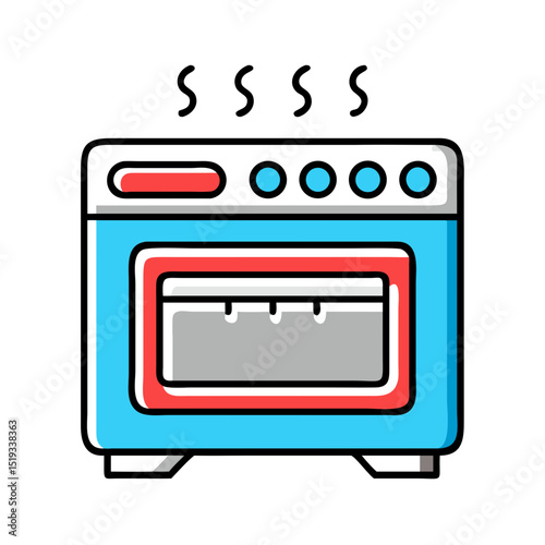 Red and blue kitchen oven for baking or cooking.