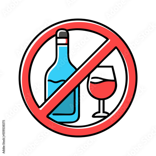 No alcohol sign with bottle and wine glass.