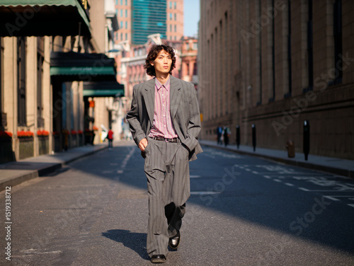 Portrait of handsome Chinese young man wearing gray suit walking in the street, young guy with black curly hair with urban background. Male fashion, cool Asian young man lifestyle.