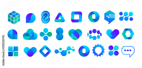 Collection of abstract tech logos. Cyber, communications, biotech and healthcare concept icon set.