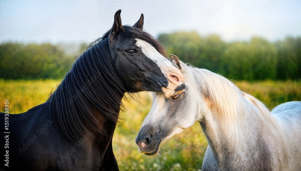 Fototapeta premium Two Majestic Horses Stunning White and Black Steeds in Harmony on a Farm Banner, Capturing the Spirit of Rural Love and Harmony at Sunset.