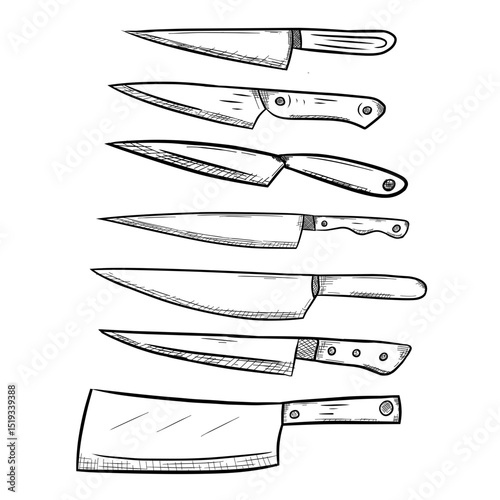 various collections of kitchen knives vector line art hand drawn illustration 