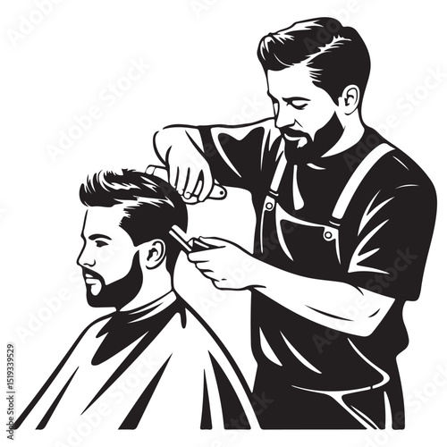 Professional Vintage Barber Giving Haircut to Male Client – Retro Style Black and White Vector Illustration for Grooming and Hair Salon Themes . Thank You .