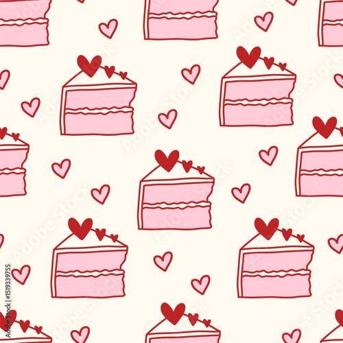 Seamless coquette pattern with pink cake slices, red hearts, and romantic vibes. Cute and girly design perfect for Valentines Day, stationery, textiles, or digital backgrounds. Vector illustration
