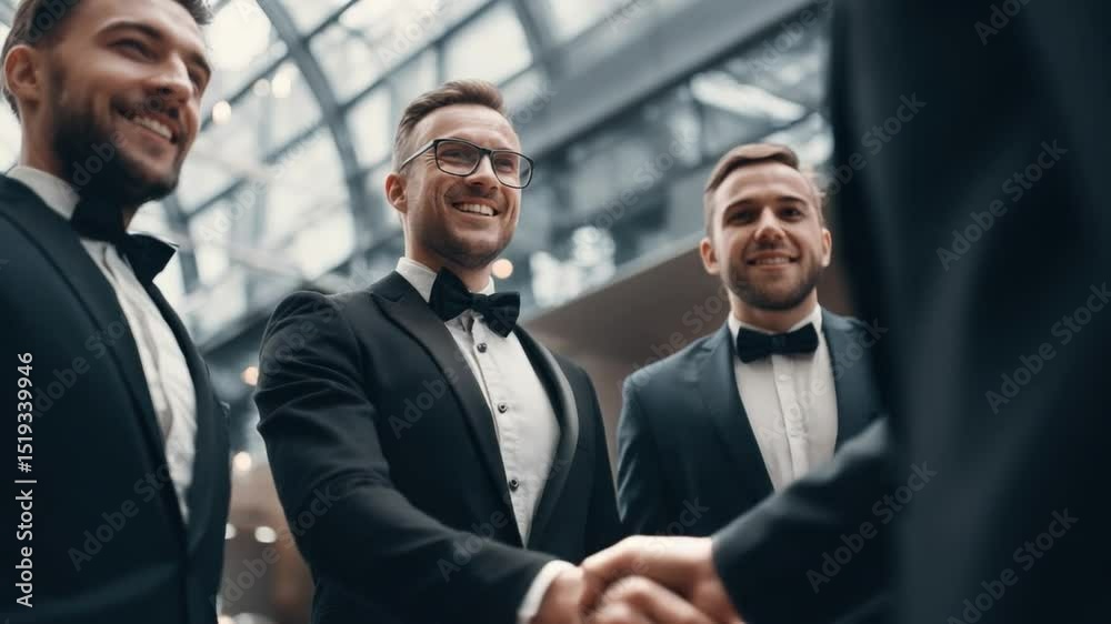 Elegant Handshake: A group of well-dressed individuals in formal attire seals a deal, reflecting confidence and professionalism. Elegant Handshake: A group of well-dressed individuals in formal attire seals a deal, reflecting confidence and professionalism.