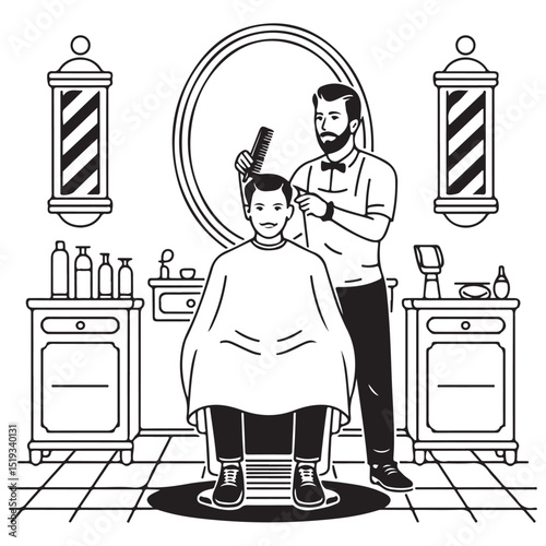 Professional Vintage Barber Giving Haircut to Male Client – Retro Style Black and White Vector Illustration for Grooming and Hair Salon Themes . Thank You .