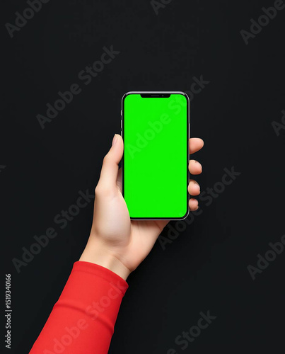  mockup Hand Holding mobile phone with green screen on black background Template wide ratio 