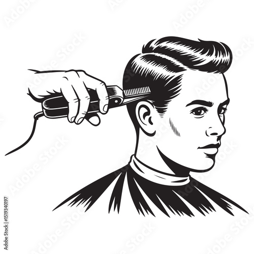 Professional Vintage Barber Giving Haircut to Male Client – Retro Style Black and White Vector Illustration for Grooming and Hair Salon Themes . Thank You .