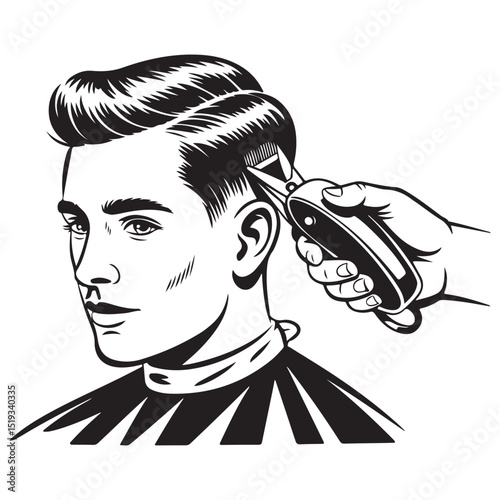 Professional Vintage Barber Giving Haircut to Male Client – Retro Style Black and White Vector Illustration for Grooming and Hair Salon Themes . Thank You .