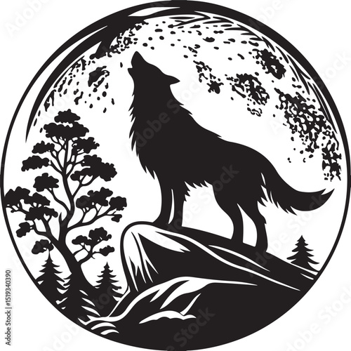 Wild black wolf silhouette vector illustration of a howling mammal design