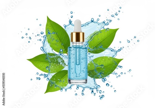 Serum bottle with water splash and leaves