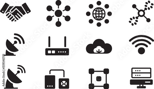 Flat Vector Icons Set Depicting Networking and Communication Elements on a  Background for Connectivity and Technology