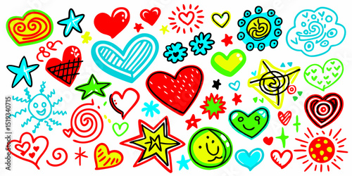 Colorful hand drawn hearts stars and sun
