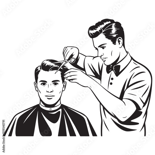 Professional Vintage Barber Giving Haircut to Male Client – Retro Style Black and White Vector Illustration for Grooming and Hair Salon Themes . Thank You .