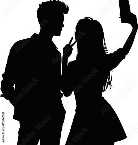 Silhouette of young couple taking selfie with phone
 vector isolated on white background