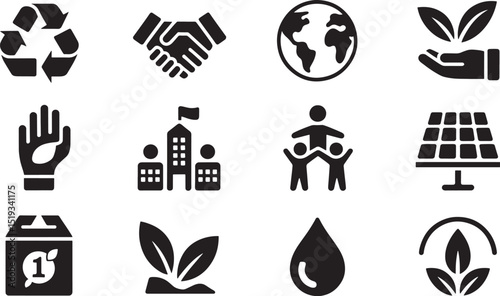Monochrome Environmental Stewardship Icons Set Vector Illustration for Sustainable Practices and Corporate Social Responsibility Initiatives