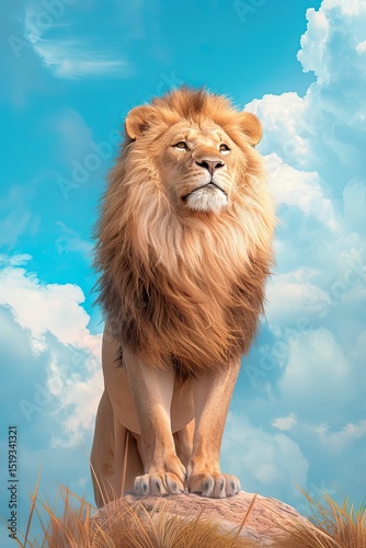 Majestic Lion Standing Proudly on Rock Outcrop Against Bright Blue Sky with Fluffy White Clouds Evoking Wild Safari Adventure and Natural Beauty
