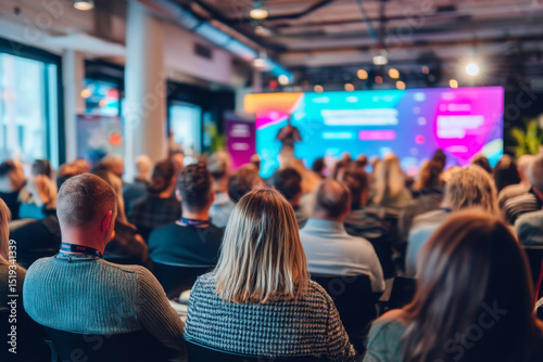 Business audience listening to presentation in colorful conference room