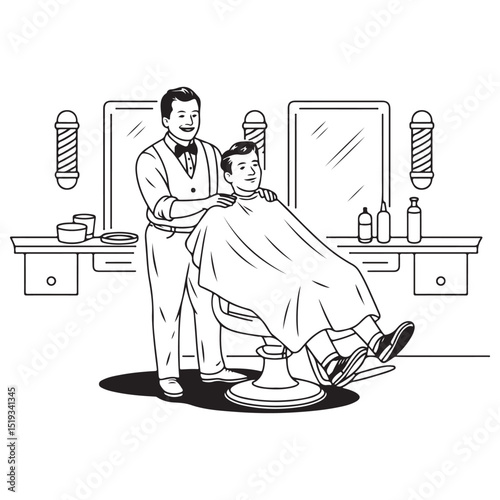Professional Vintage Barber Giving Haircut to Male Client – Retro Style Black and White Vector Illustration for Grooming and Hair Salon Themes . Thank You .