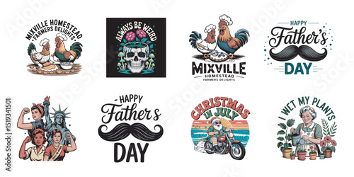 Collage features chicken chefs, floral skull, empowered women, Father's Day, and a motorcycle Santa