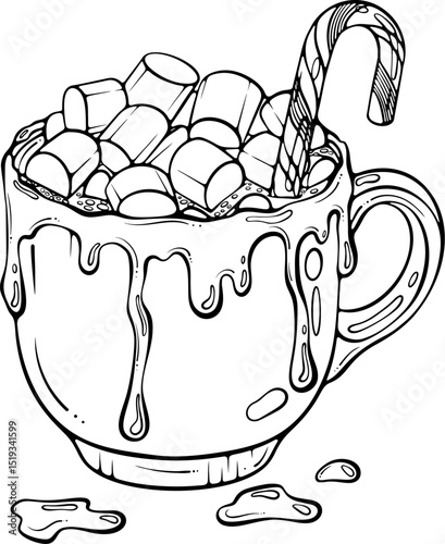 Christmas cup of hot cocoa or cappuccino with marshmallows, candy cane and dripping chocolate. Holiday drink. Vector illustration in hand drawn sketch style. Line art isolated on white coloring book