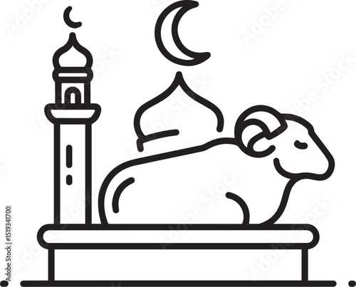 Minimalist outline icon for Eid al-Adha. Features a ram, mosque, crescent, and star, symbolizing Islamic celebration and sacrifice. Clean, versatile design.