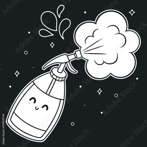 Cute kawaii spray bottle with water droplets cloud and sparkle illustrations on black background