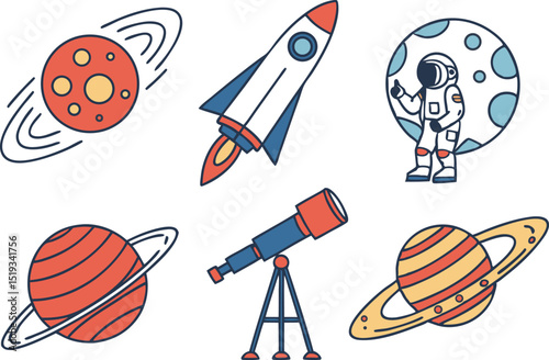 Colorful Space and Astronomy Illustrations Collection. Galaxy and Space Icons in Colorful Illustration Style. Astronomy and Universe Elements Colorful Illustration Set. Planets and Space Exploration 
