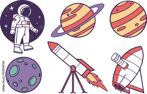 Colorful Space and Astronomy Illustrations Collection. Galaxy and Space Icons in Colorful Illustration Style. Astronomy and Universe Elements Colorful Illustration Set. Planets and Space Exploration 