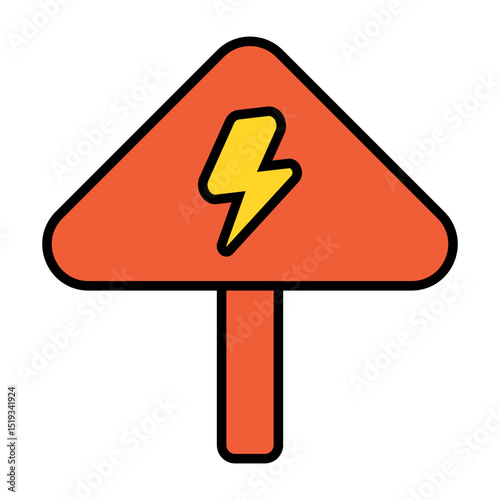 Red triangle with yellow lightning bolt and red stick, suitable for energy or power related designs, logos, and branding projects.