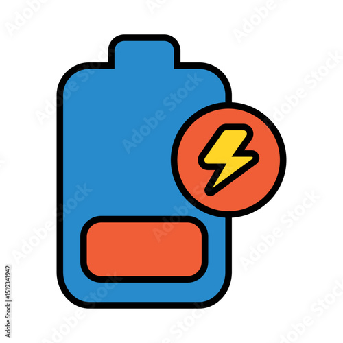Blue battery with orange lightning bolt icon, great for technology and energyrelated designs, illustrating power, efficiency, and innovation concepts.