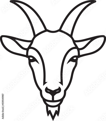Line art goat head icon, featuring distinctive horns and beard. Clean outline representation of a goat. Perfect for various graphic design needs.