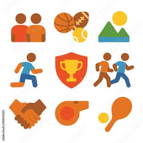 Sports icons sheet showcase a basketball football tennis ball and a trophy.