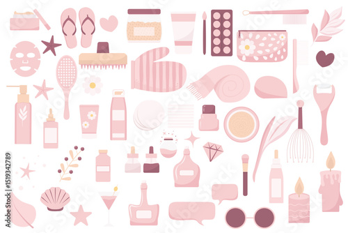Beauty care and skincare cosmetics set. Glamour makeup and selfcare spa icons