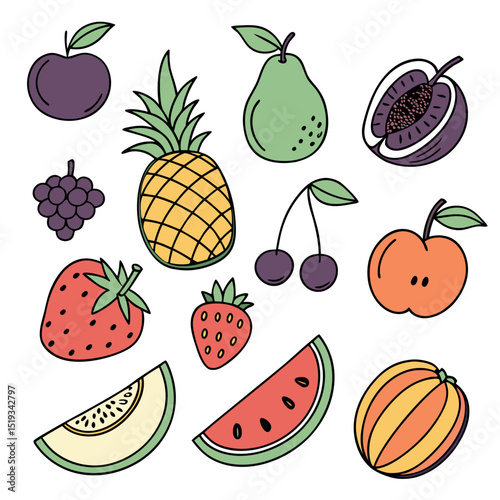 Assortment of colorful hand drawn fruits including pineapple strawberries and watermelon