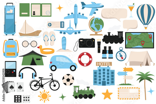 Tourism and travel icons set. Adventure journey tour vacation stickers set