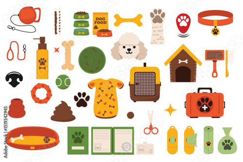 Pet dog care accessories. Dog supplies store. Pets toys icons for puppies, domestic animals