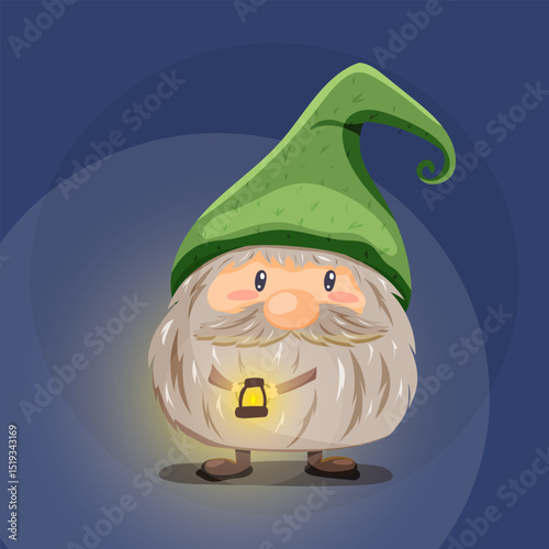 Vector illustration of a gnome with a green hat and glowing lantern. Suitable for childrens designs, fairy tale themes and seasonal decorations