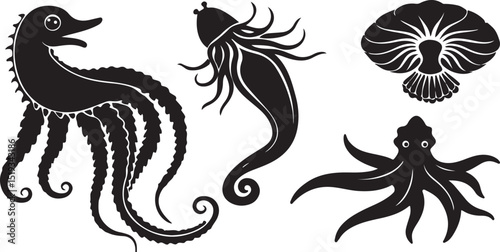 A tribal vector silhouette of a dragon or sea horse illustration from a sea animals collection for tattoo design
