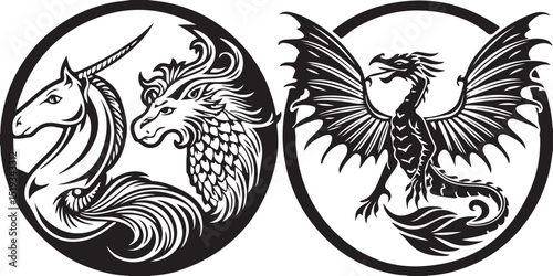 Set of black and white tribal tattoo designs featuring dragons, birds, and other fantasy animals, perfect for vector art illustrations or striking logos